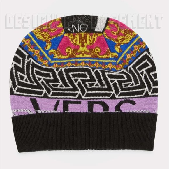 VERSACE Medusa Renaissance Greca Pattern Logo Intarsia wool blend Beanie hat NWT - Picture 2 of 7